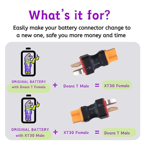 RC Battery Accessory Kit,No Wires Deans T Male (red) Connector Switch to XT30 Female (Yellow) Adapter, for Remote Control Toy Boat FPV Drone Car etc - 1 Pcs with 11.1V USB Charger Cable