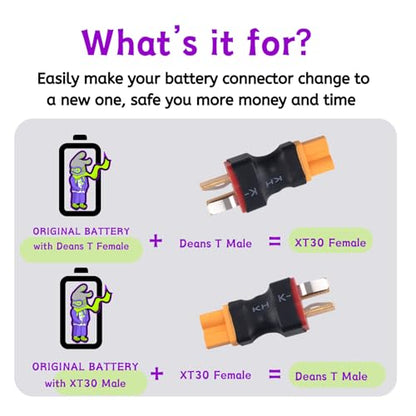 RC Battery Accessory Kit,No Wires Deans T Male (red) Connector Switch to XT30 Female (Yellow) Adapter, for Remote Control Toy Boat FPV Drone Car etc - 1 Pcs with 11.1V USB Charger Cable