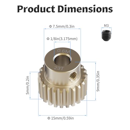 Pinion Motor Gear, M0.6 23T, 1/8 in (3.175mm) Shaft Hole | M0.6 Pitch 23 Teeth, 7075 Aluminum Alloy, 1/8 Inch Shaft Hole, RC Motor Pinion Upgrade, for 1/10 RC Brushless Crawler - size: M0.6 23T