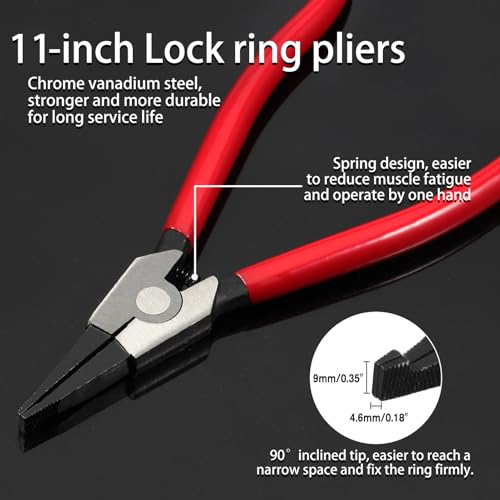 11-Inch Lock Ring Pliers Flat Snap Ring Pliers Angle Tip | Special Circlip Pliers, For Removing Installing Locking Rings, For Transmission Transfer Cases, Retaining Ring Pliers - size: 11"