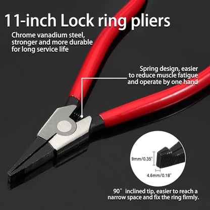 11-Inch Lock Ring Pliers Flat Snap Ring Pliers Angle Tip | Special Circlip Pliers, For Removing Installing Locking Rings, For Transmission Transfer Cases, Retaining Ring Pliers - size: 11"