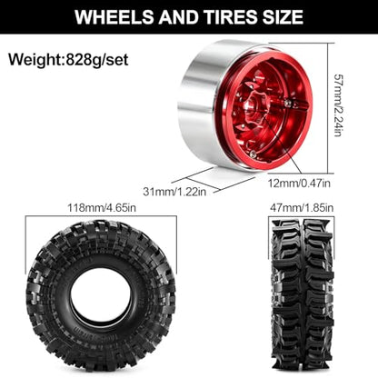 1.9" Beadlock Aluminum Wheels and 118mm Tires for SCX10 TRX4 | 12mm HEX, 0mm Offset, 47*118mm Mud Soft Rubber Tires, with Foam Inserts, 1/10 Scale RC Crawlers Upgrade parts - color: Red-3