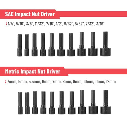 Bates Choice Power Nut Driver Set, 20 pcs, Metric & SAE, 1/4" Hex Shank, Impact Nut Driver Set
