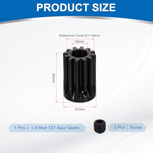 uxcell 1.5 Mod 12T Spur Gear 10mm Bore, 1045 Steel Pinion Gear Black Surface Treatment, 20°Pressure Angle, for Spur Rack and RC Model Car or Motor DIY - size: 1.5 Mod 12T, 10mm