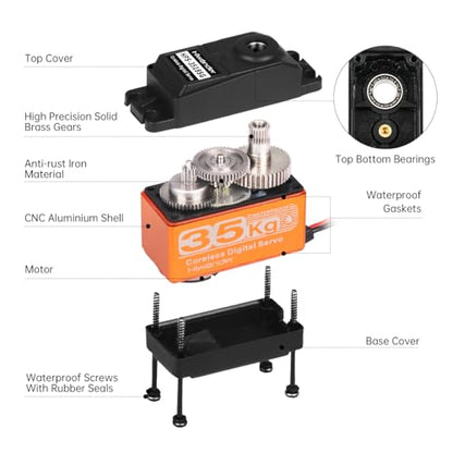 35KG Servo Motor High Torque Coreless Metal Gear Waterproof Digital and Stainless Steel Gear Servo Arduino Servo for Robotic DIY, RC Car, Control Angle 180°