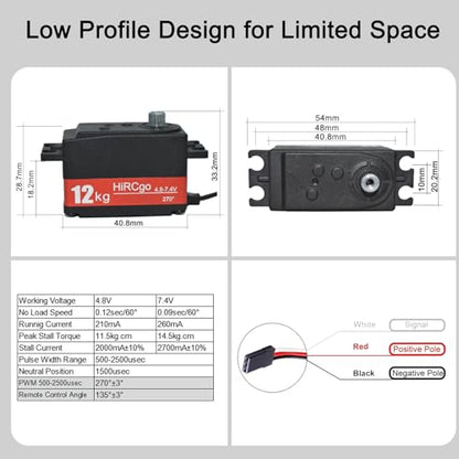 2Pcs 12KG Low Profile Digital RC Servo Full Metal Gears High Torque High Speed HV Steering Servo 7.4V +25T Aluminum Servo Arm for 1/10 1/12 RC Drift Cars Robotic Arms - style: 2Pcs 12kg low profile servo