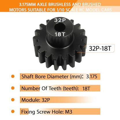 32P 18T Pinion Gear 3.175mm Shaft, Hardened Steel Motor Gear for 1/10 Scale RC Car Truck Crawler Monster Buggy, High Speed Durable 32 Pitch Gear Upgrade Parts 540 550 Brushed 3650 3660 Brushless - color: 18T