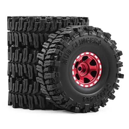 1.0" Beadlock Aluminum Wheels and 64mm Soft Rubber Tires | for SCX24, TRX4M, Ascent 18, FCX24, 1/18 1/24 RC Crawler, 7mm Hex, 0mm Offset, with Foam Inserts, (Red) - color: Red