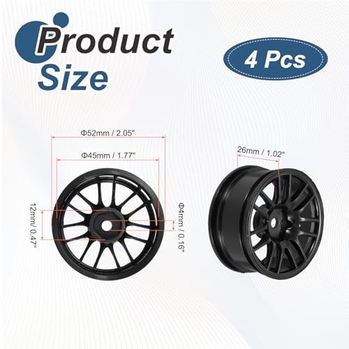 MECCANIXITY 4Pcs RC Car Wheel Rims, 52mm Diameter 14-Claw Black Plastic Wheel Rims Hex Hub for HSP 1:10 RC Drift Racing Touring Car