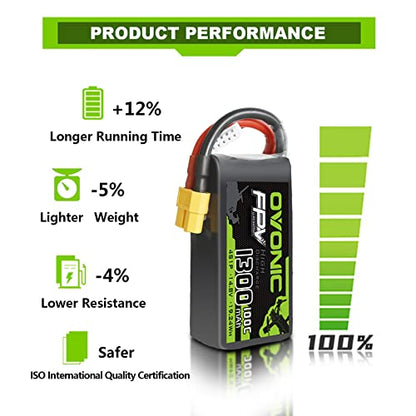 OVONIC 4s Lipo Battery 100C 1300mAh 14.8V Lipo Battery with XT60 Connector for RC FPV Racing Drone Quadcopter - size: 1pcs
