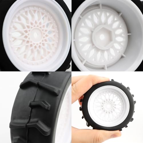 73mm RC Rally Car Tires Rubber Tires Tyres & Plastic Wheel Rims 12mm Hex Compatible with Traxxas 4 Tec 2.0 Tamiya TT01 XV01 Kyosho WR8 Sakura WLtoys HPI Touring Racing Car (White)