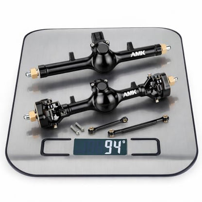 AMK SCX24 Axles +8mm Wide CNC Aluminum Front & Rear Axle Set with Brass Steering Knuckles, 3-Section CVD Drive Shafts (52° Max Steering Angle) for Axial SCX24 1/24 RC Crawler Upgrade Parts