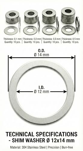 Shim Washers Stainless Steel Assortment 12x14 Precision Spacer Kit for Bearings Gearboxes CNC and RC. 40 Pieces 10 Units x 0.1/0.2/0.3/0.5 mm Deburred Flat Tight Tolerance Professional Use - size: 12x14