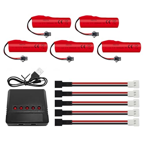 5PCS 3.7V 3000mAh Li-ion Batteries with SM-2P Plug and 5-in-1 Charger for DE42 DE44 DE45 DE68 RC Car,Drifting Car Truck Toy Off-Road Racing Car Battery