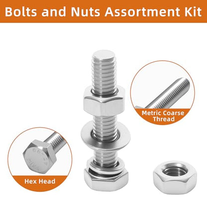 304 Stainless Steel (A2-70) Metric Bolt & Nut Assortment Kit - 408pcs M5/M6/M8 Hex Bolts, Nuts & Washers Set - Fully Threaded 18-8 Stainless Steel Hardware Kit - size: 408PCS Kit