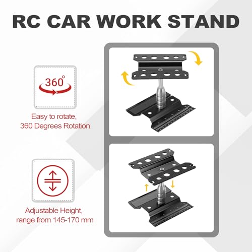 MECCANIXITY 1 Set RC Car Work Stand Lift Lower Aluminum Repair Workstation 360 Degree Rotation with Black Screw Tray and Screw Box for 1/8 1/10 1/16 Scale RC Car Crawler Truck Vehicle (Black) - color: Black