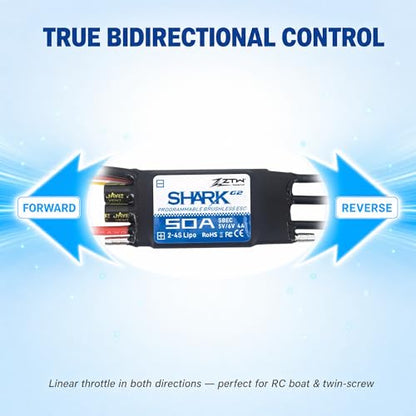ZTW Shark G2 50A ESC 2-4S Built-in Swithcing BEC 5V/6V 4A Water-Cooling Bidirectional Waterproof Brushless Speed Controller for RC Boat Marine - size: 50A