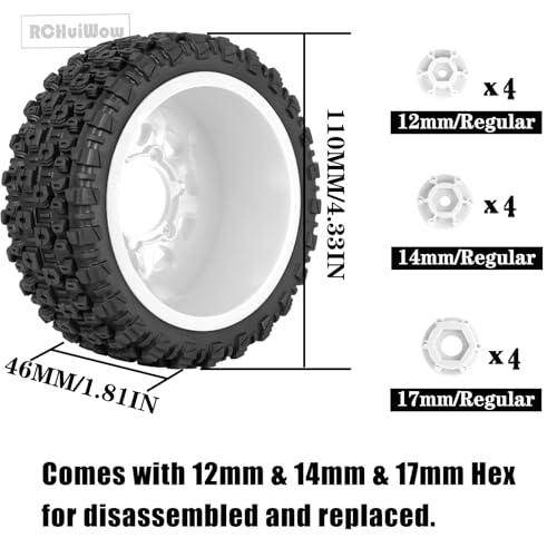 12mm/14mm/17mm Hex RC Tires for 1/10 RC Scale Truck Slash 2WD 4×4 Senton Axia1 L0S1 Red cat Rc 4wd,1/10 Short Course Truck Tires w/Foam Inserts,4PCS,White - color: White(4pcs)
