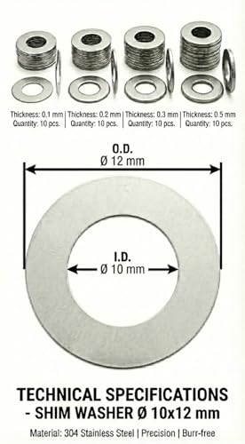 10x12mm Shim Washers Stainless Steel 40pc 0.1-0.5mm 10mm ID | 12mm outer diameter, DIN 988 metric shims. Ultra thin assortment for clutch spacers, bearing preload and shaft end float - size: 10x12