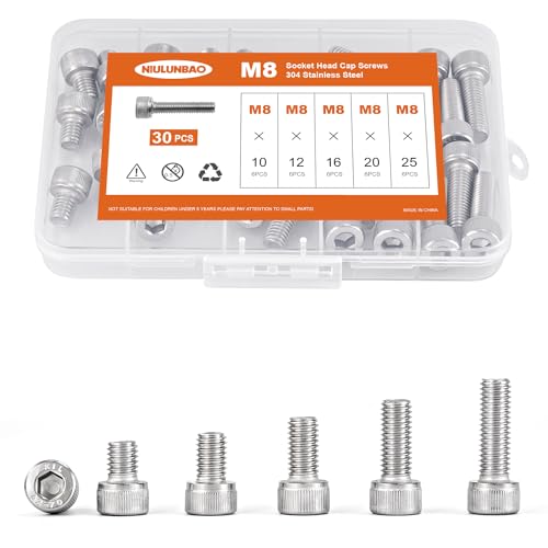 M8 x 10mm 12mm 16mm 20mm 25mm Hex Socket Head Cap Screws Bolts, 304 Stainless Steel, Metric Fully Threaded, Machine Allen Hex Drive, Bright Finish, Assortment Kit 30PCS - size: M8 x 10/12/16/20/25mm (30PCS)