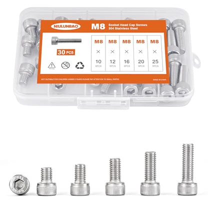 M8 x 10mm 12mm 16mm 20mm 25mm Hex Socket Head Cap Screws Bolts, 304 Stainless Steel, Metric Fully Threaded, Machine Allen Hex Drive, Bright Finish, Assortment Kit 30PCS - size: M8 x 10/12/16/20/25mm (30PCS)