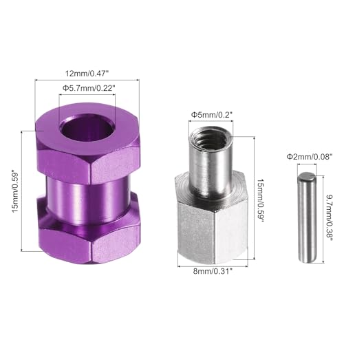 MECCANIXITY 4pcs 12mm Wheel Hex Drive Hubs Adapter Combiner Coupler Purple | 15mm Extension, Aluminum, with Nut Latch, for 1/10 RC Crawler Car Parts