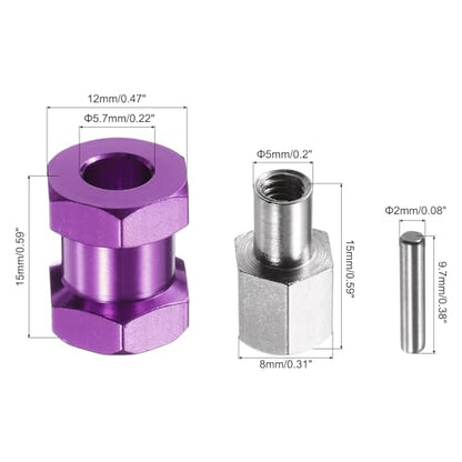 MECCANIXITY 4pcs 12mm Wheel Hex Drive Hubs Adapter Combiner Coupler Purple | 15mm Extension, Aluminum, with Nut Latch, for 1/10 RC Crawler Car Parts