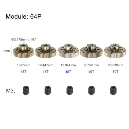 uxcell 64P Pinion Gear Set 3.175mm (1/8") Shaft 46T 47T 48T 49T 50T Aluminum Alloy Motor Gears with Step for 1/10 RC Car (5pcs)