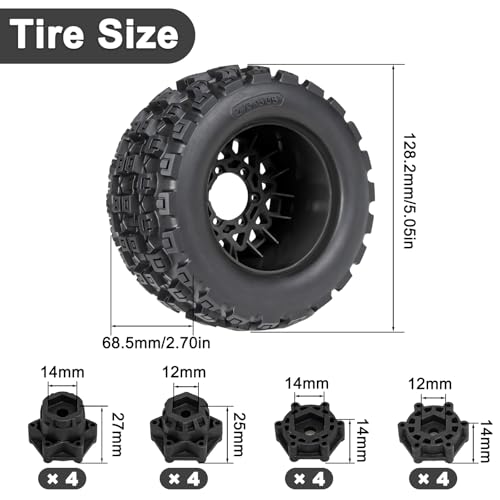 LRFHL MX28 F/R 2.8" RC Monster Truck Tires and Wheels 4PCS, Black | 12mm/14mm Hex Adapter, 1/10 RC Monster Truck, Compatible with Traxxas Stampede Rustler Redcat Arrma Vorteks Big Rock Granite - color: Black Tires+ Black Wheel-10