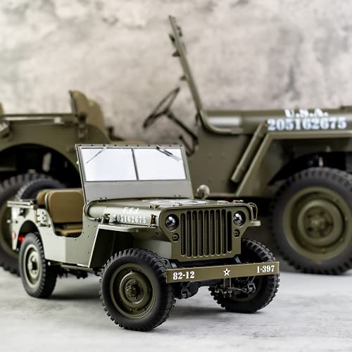 FMS Rochobby RC Car 112 1941 MB Scaler Willys Jeep Remote Control Crawler Military Truck 4x4 Offroad Vehicle with Transmitter Battery and Charger, Small, RC12001RTR Hunter Green