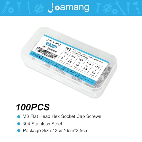 M3 x 20mm 25mm 30mm 35mm 40mm Flat Head Hex Socket Cap Screws Countersunk Bolts, Stainless Steel 304, Metric Allen Hex Drive, Bright Finish, Fully Threaded, Assortment Kit 100PCS - size: M3x20/25/30/35/40 mm