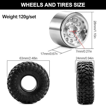 1.0" Beadlock Aluminum Wheels and 63mm Soft Rubber Tires | for SCX24, TRX4M, Ascent 18, FCX24, 1/18 1/24 RC Crawler, 7mm Hex, 0mm Offset, with Foam Inserts, (Silver) - color: Silver