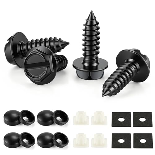 Rustproof License Plate Screws for Securing License Plates Frames and Covers on Cars and Trucks, 4 Sets Premium Stainless Steel Self Tapping Mounting Bolts (Black Zinc Plated) - color: Slotted-Black, size: 4 Pack