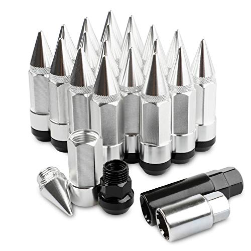 20Pcs Anti Theft Spikes Extended Tuner Wheel/Rims Lug Nuts with Wheel Locks M12X1.5+Socket (Silver) - color: Silver