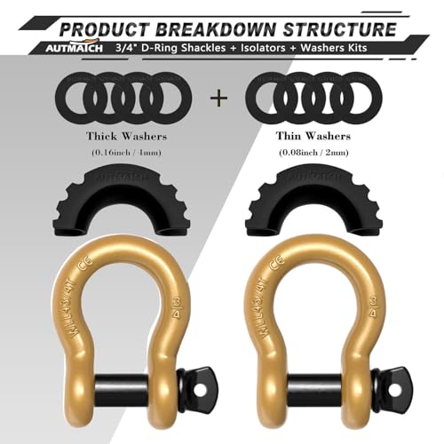 AUTMATCH 3/4" D Ring Shackles (2-Pack) - 41,887 lbs Break Strength | Heavy Duty Clevis Shackle with 7/8" Pin & Isolator Washer Kit for Tow Strap, Winch, Towing & Off-Road Vehicle Recovery, Gold - color: Gold & Black