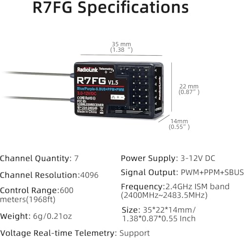 DTXMX R7FG 7CH RC Gyro Receiver for Radiolink RC6GS V3/ RC4GS V3/ RC8X | 7 Channels 2.4GHz | Voltage Telemetry