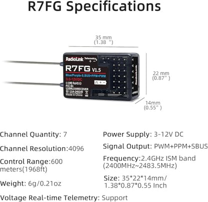 DTXMX R7FG 7CH RC Gyro Receiver for Radiolink RC6GS V3/ RC4GS V3/ RC8X | 7 Channels 2.4GHz | Voltage Telemetry
