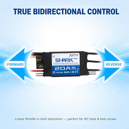 ZTW Shark G2 20A ESC 2-4S Built-in Swithcing BEC 5V/6V 4A Water-Cooling Bidirectional Waterproof Brushless Speed Controller for RC Boat Marine - size: 20A