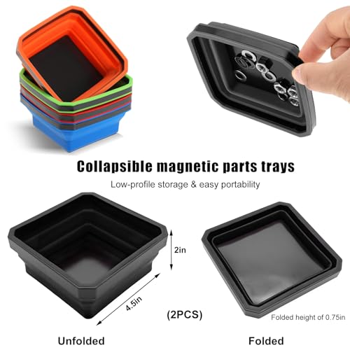 Yourkar Collapsible Magnetic Parts Tray, 4.5 Inch Foldable Magnetic Square Silicone Tray, Tool Tray Set with Double-Sided Magnetic Base for Screw Bolts Nuts Pins, Car Accessories (Black+Black, 2PCS) - color: Black+Black, 2PCS