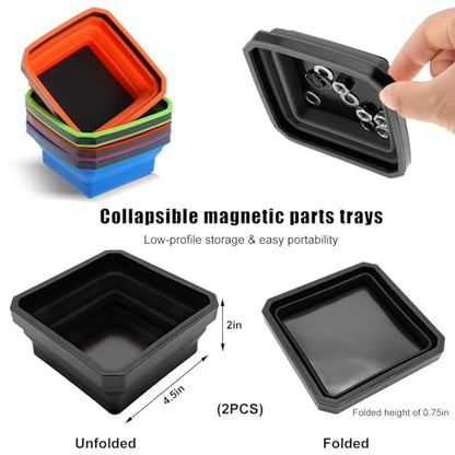 Yourkar Collapsible Magnetic Parts Tray, 4.5 Inch Foldable Magnetic Square Silicone Tray, Tool Tray Set with Double-Sided Magnetic Base for Screw Bolts Nuts Pins, Car Accessories (Black+Black, 2PCS) - color: Black+Black, 2PCS
