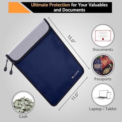 Upgraded Two Pockets Fireproof Document Bag (2000℉), 15”x 11” Fire Proof Bag for Documents with Zipper, Waterproof Document Pouch for Valuables, Legal Documents Safe Storage (Blue) - color: Blue