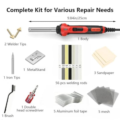 100W 2-in-1 Plastic Welder Kit with Soldering Iron Tips and 56 Rods, 3-Speed Temperature Control Plastic Welding Gun, Professional Surface Repair Tool for Car Bumper, Dashboard, Kayak