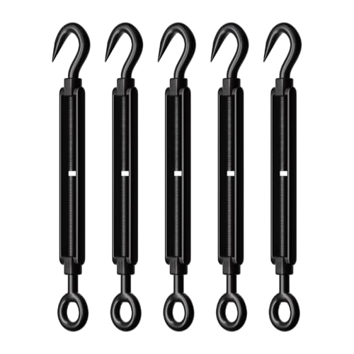 5 Pack Black Stainless Steel M8 Hook and Eye Turnbuckle, Heavy Duty Wire Rope Tensioner, Adjustable Hardware Kit for DIY String Light and Picture Hanging, Shade Sail, Cable Tightening - color: Hook and Eye, size: M8-5 Pcs