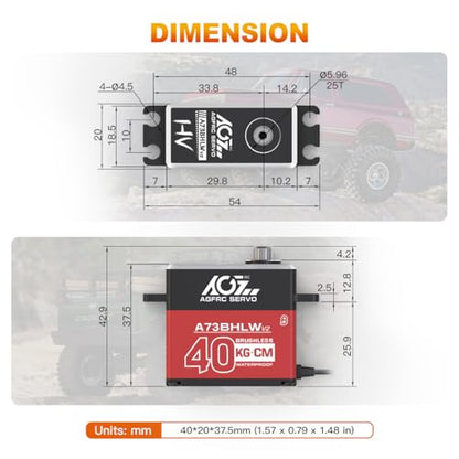 AGFRC A73BHLW V2 40KG IP67 Waterproof Brushless 1/10 RC Servo | Full Metal Gears, HV, Programmable Digital Servo, with 25T Metal Horn, Ideal for 1/10 RC Cars, Boats & Crawlers - style: A73BHLW V2 & Metal Servo Horn