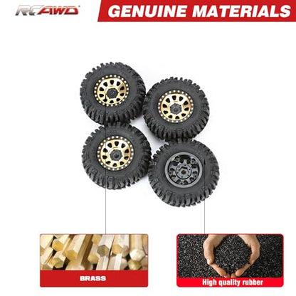 RCAWD 1.0" 7mm Hex Brass Weights Wheels Tires Set, Beadlock RC Crawler Wheels for 1/24 1/18 TRX4M SCX24 FCX24 FCX18 AX24 HobbyPlus CR18P FMS Upgrades Parts 63g*4pcs,55 * 22mm