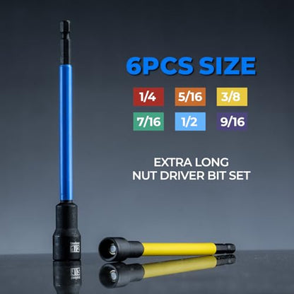 toolant Extra Long Magnetic Nut Driver Set, Metric & SAE, 6-Piece | SAE and metric nut drivers, 1/4 to 9/16-inch range, magnetic retention, quick-change shank, storage rail - style: 6pcs Extra Long
