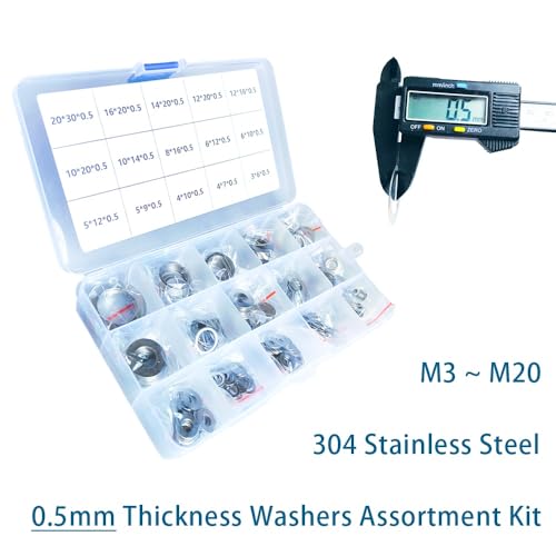 320pcs Flat Washer Assortment Kit, 15 Different Sizes Shim Washers M3~M20, Thick = 0.5mm, 304 Stainless Steel Thin Gasket for Bolt Screws (Thick 0.5mm Kit) - size: Thick 0.5mm Kit