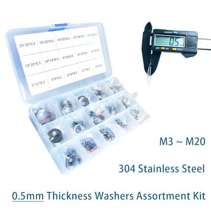 320pcs Flat Washer Assortment Kit, 15 Different Sizes Shim Washers M3~M20, Thick = 0.5mm, 304 Stainless Steel Thin Gasket for Bolt Screws (Thick 0.5mm Kit) - size: Thick 0.5mm Kit