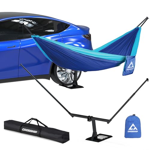 Tire Mount Hammock Stand - Fits Universal Vehicle Tire - Includes Parachute Nylon Hammock & Storage Bag - for Camping, Outdoor, Travel (350lbs Weight Capacity)