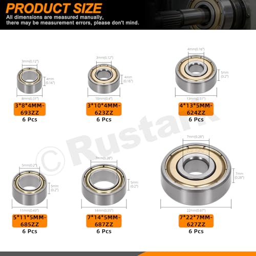 36Pcs 6 Sizes High Carbon Steel Ball Bearing Deep Groove Ball Bearing Double Shielded Bearings Small Bearings for Furniture Wheels Skateboards Scooters - size: 36pcs/6 sizes, style: high carbon steel